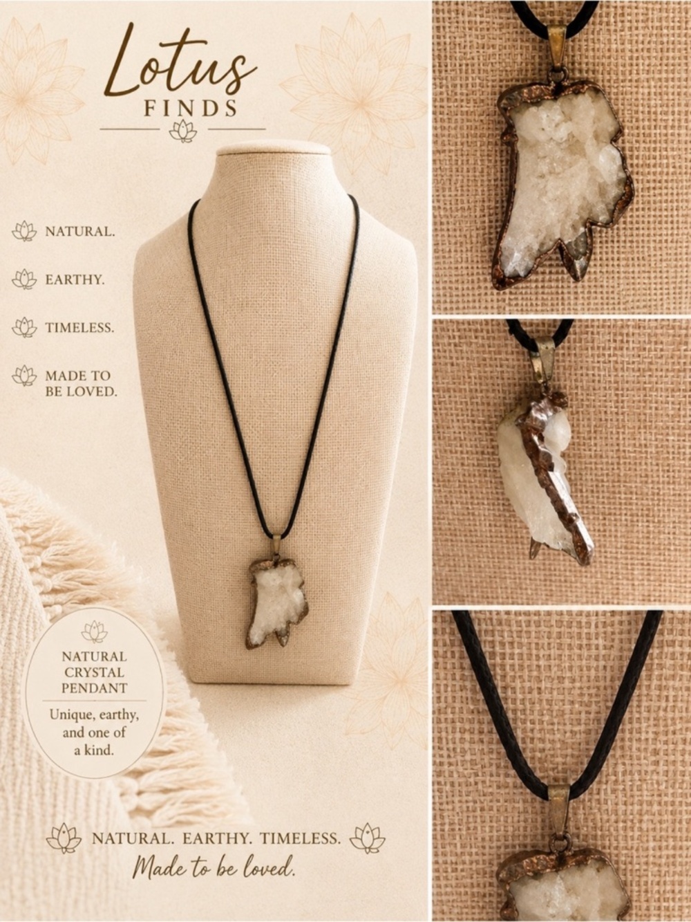 Boho Raw Crystal Pendant Necklace Black Cord Statement Jewelry